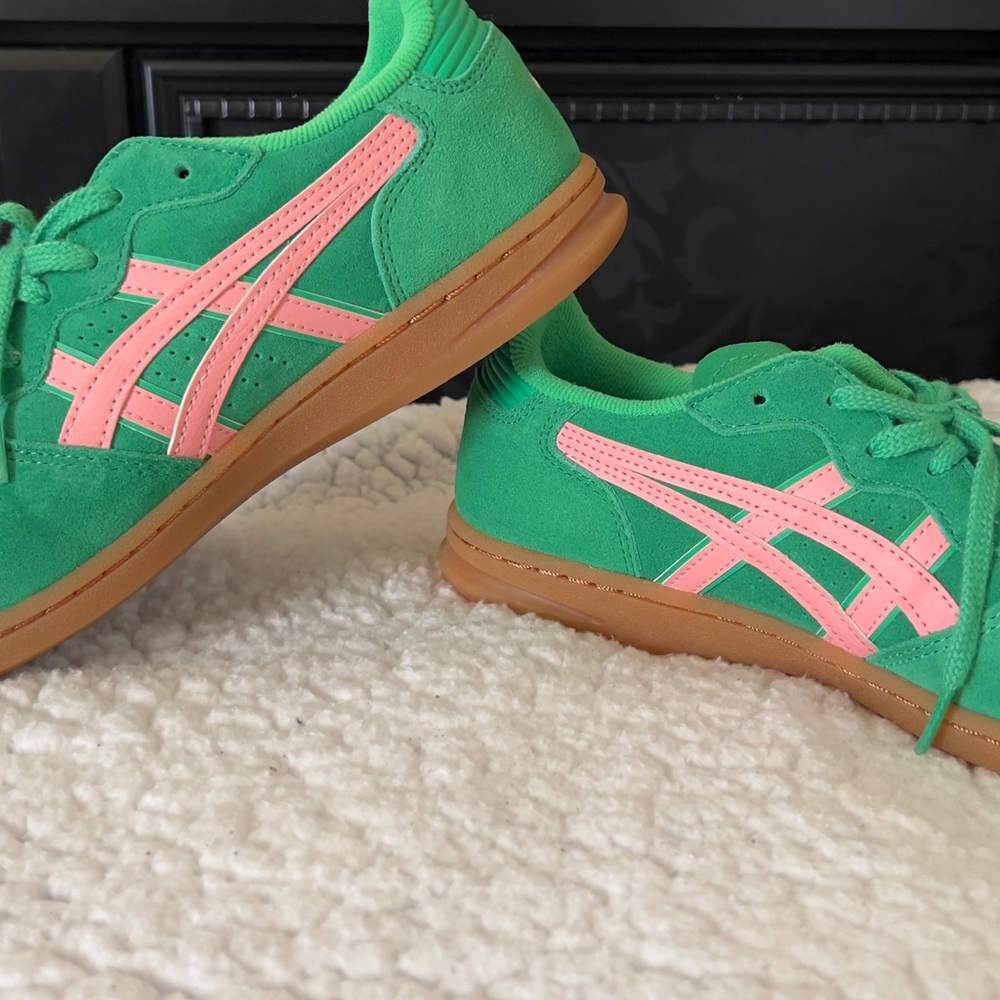 Asics Green Suede Sneakers with Pink Stripes
